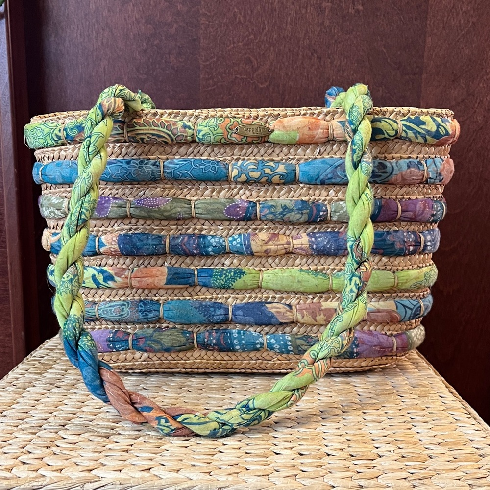 Straw purse with fabric accents